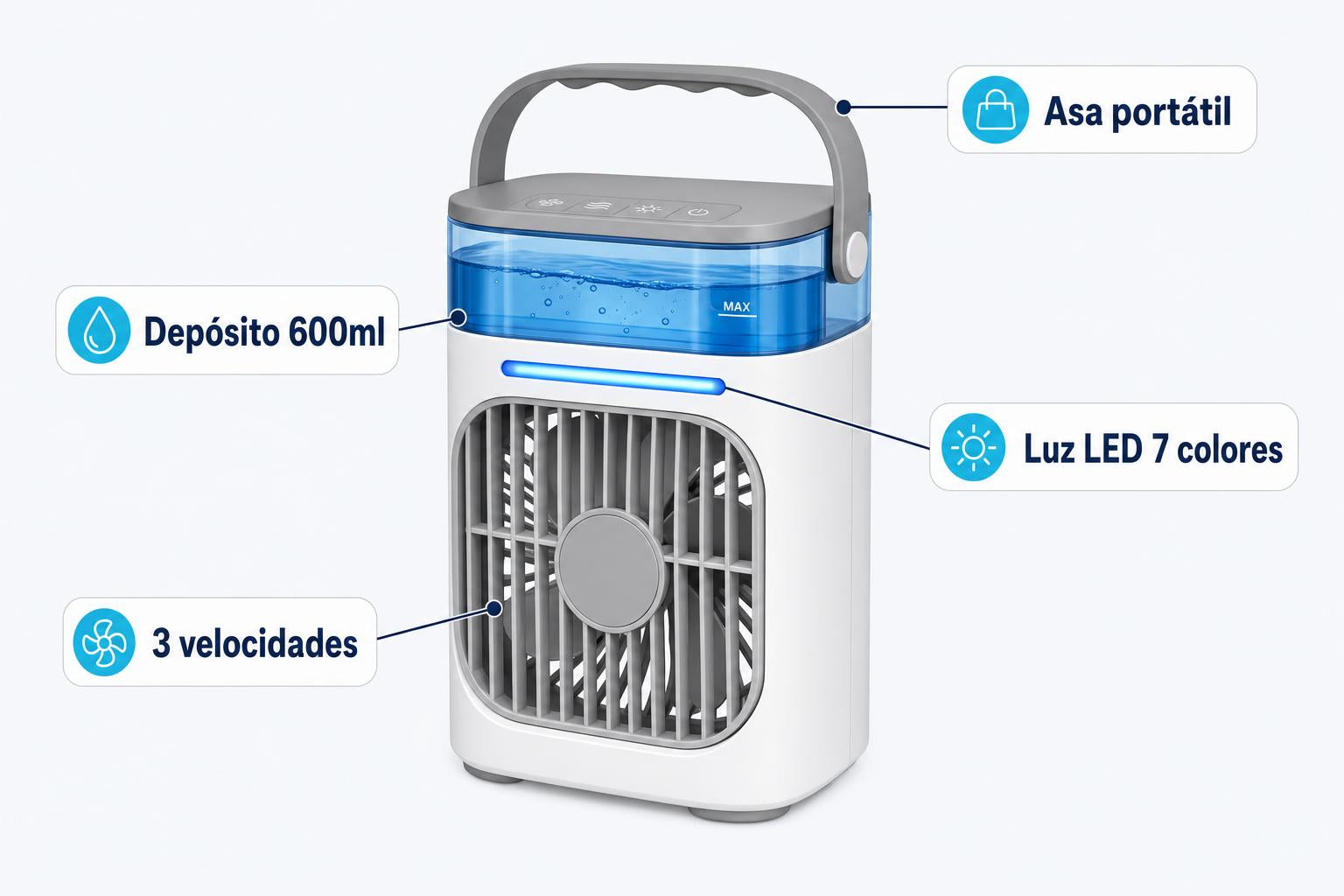 Frosty™ - depósito 600ml, luz LED 7 colores, 3 velocidades, asa portátil